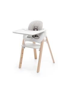 Stokke Stokke Steps - Chaise Haute Complète Avec Plateau Et Coussin Gris, Pieds Naturel, Ensemble Bébé Et Siège Blanc